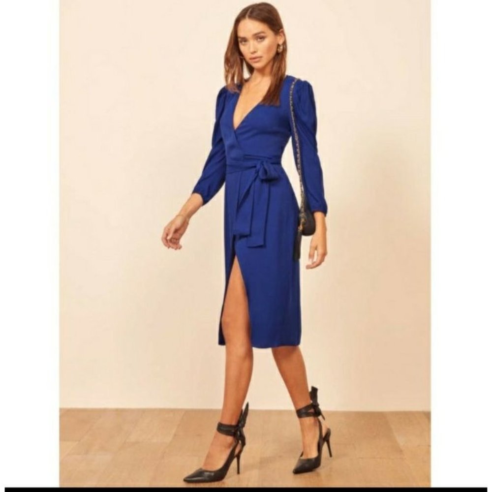 Reformation Jaylee Wrap Dress in Blue, Size Small